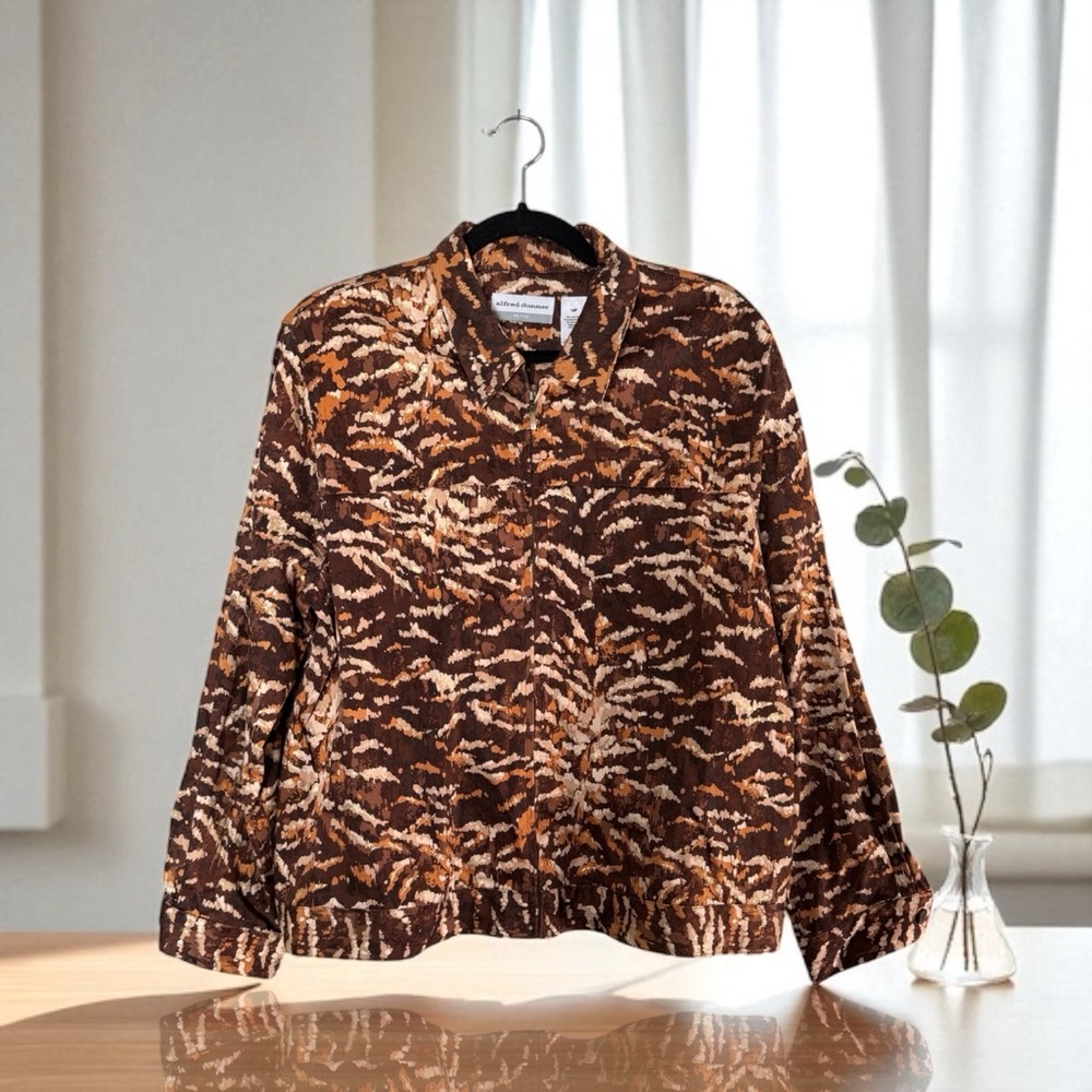 Alfred Dunner Vintage Brown & Tan Abstract Print Jacket w/Metallic Gold Accents